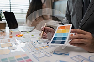 drawing website ux ui app for mobile phone application and development template layout, UI development, designer team working on a