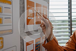 drawing website ux ui app for mobile phone application and development template layout, UI development, designer team working on a