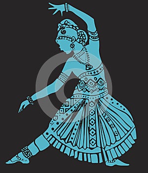 Drawing of Well Traditional and ethnic Dressed lady doing Bharatanatyam Dance. Silhouette or Outline Editable Illustration of photo