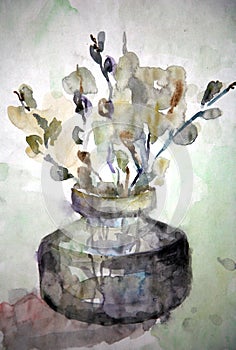 Drawing. Willow flowers in a vase