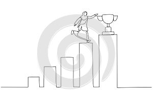 Drawing of winning muslim businesswoman step up growing bar graph to win the trophy success concept. Single line art style