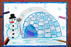 Drawing: Winter landscape, igloo and snowman