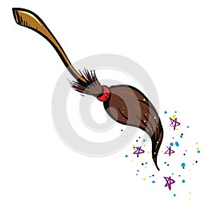 Drawing of the witch broom along with stars and sprinkles that completes the white background, vector or color illustration