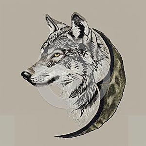 A drawing of a wolf's head with the moon in the background, embroidery on white background