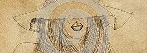Drawing of a woman in a hat on an old paper background.Vintage style. photo