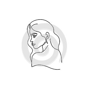 Drawing of a woman's face in a minimalist line style. Fashion illustration for cosmetics. Continuous line Art