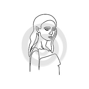 Drawing of a woman's face in a minimalist line style. Fashion illustration for cosmetics. Continuous line Art
