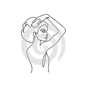 Drawing of a woman's face in a minimalist line style. Fashion illustration for cosmetics. Continuous line Art