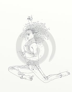 Drawing of a woman swimming bubbles, woman immersed,