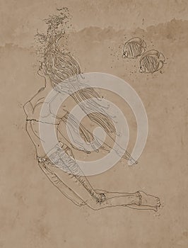 Drawing of a woman swimming bubbles, woman immersed,