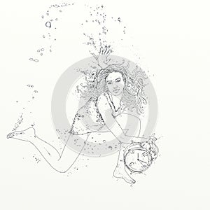 Drawing of a woman swimming bubbles, woman immersed,