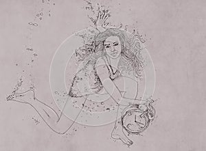 Drawing of a woman swimming bubbles, woman immersed,
