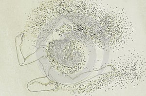 Drawing of a woman swimming bubbles, woman immersed,