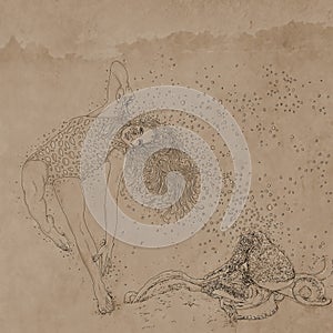 Drawing of a woman swimming bubbles, woman immersed,