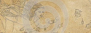 Drawing of a woman swimming bubbles, woman immersed,