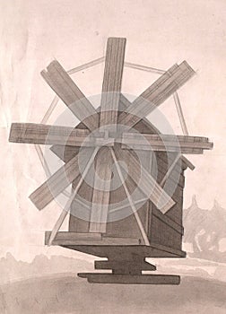 Drawing of a wooden mill
