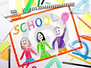 Drawing with word `school` and school accessories