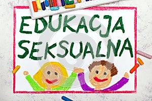 Drawing: Words Sex Education in Polish lanquage. Happy young students studing about health