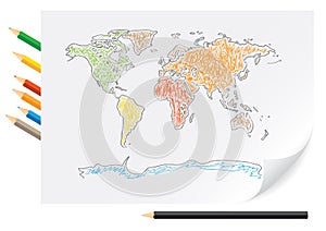 Drawing world map by a color pencils