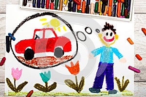 Drawing: young man dreaming about new red car