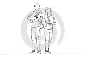 Drawing of young students couple standing and posing in front of campus. Single continuous line art style