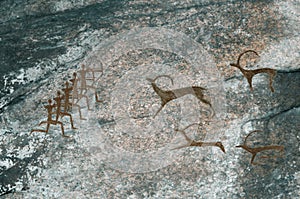 Drawings in the cave. Prehistoric people hunt animals.