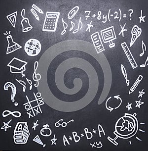 Drawings on the chalkboard on the new academic year, fall, school supplies ,place text,frame