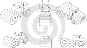 Drawings of construction vehicles from many angles.,Construction, transportation and building construction