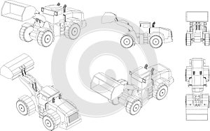 Drawings of construction vehicles from many angles.,Construction, transportation and building construction