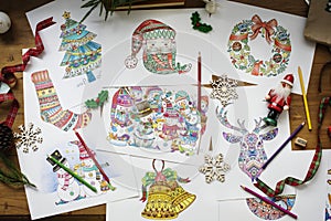 Drawings of different Christmas symbols and characters