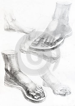 drawings of foots drawn with graphite pencil