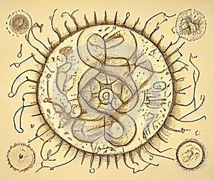 Drawings of microbes in antique book with annotations, generative ai illustration