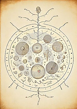 Drawings of microbes in antique book with annotations, generative ai illustration