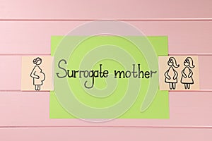 Drawings of pregnant woman and lesbian couple near paper with phrase Surrogate Mother on pink wooden table, flat lay