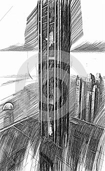 drawings sketch of futuristic city skyscrapers