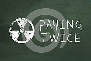 Drawn on blackboard warning sign and text: paying twice