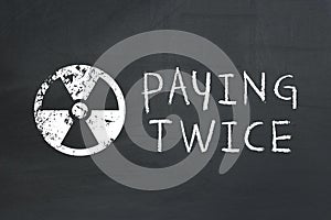 Drawn on blackboard warning sign and text: paying twice