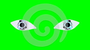 Drawn blinking eye of a human robot close-up on a green chromakey background for insertion. Artificial intelligence and