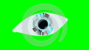 Drawn blinking eye of a human robot close-up on a green chromakey background for insertion. Artificial intelligence and