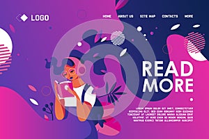 Drawn with bold purple and blue gradients young woman character holding paper book. Concept banner for landing page for love to