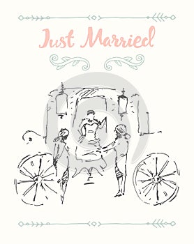 Drawn bride groom carriage vector sketch