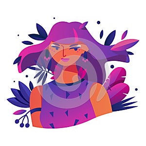 Drawn with bright gradients in pink and purple young girl character with leaves in hair. Contemporary illustration avatar,