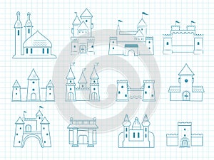 Drawn castles. Gothic medieval royal architectural objects with towers historic fairytale romantic doodle vector castles