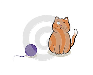 Drawn cat plays with a ball of thread on a white background.