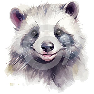 Drawn and Colored of Cute Raccoon Portrait on White Background