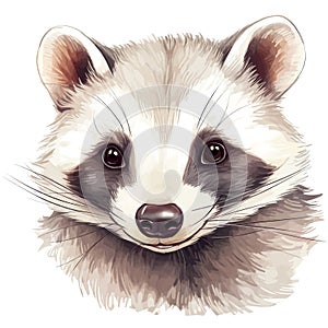 Drawn and Colored of Cute Raccoon Portrait on White Background