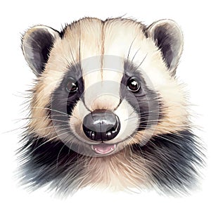 Drawn and Colored of Cute Raccoon Portrait on White Background