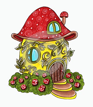 Drawn with colored markers fairy house for dwarf