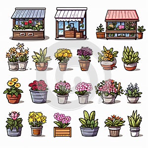 drawn computer icons of flower pots for flower shop