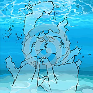 Drawn couple in love man and woman kissing underwater